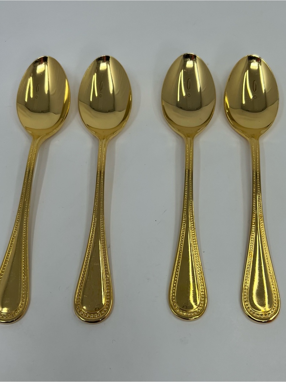 4 Towle Supreme Cutlery Gold Tone Teaspoons 6” Beaded Handle Stainless Japan Vtg